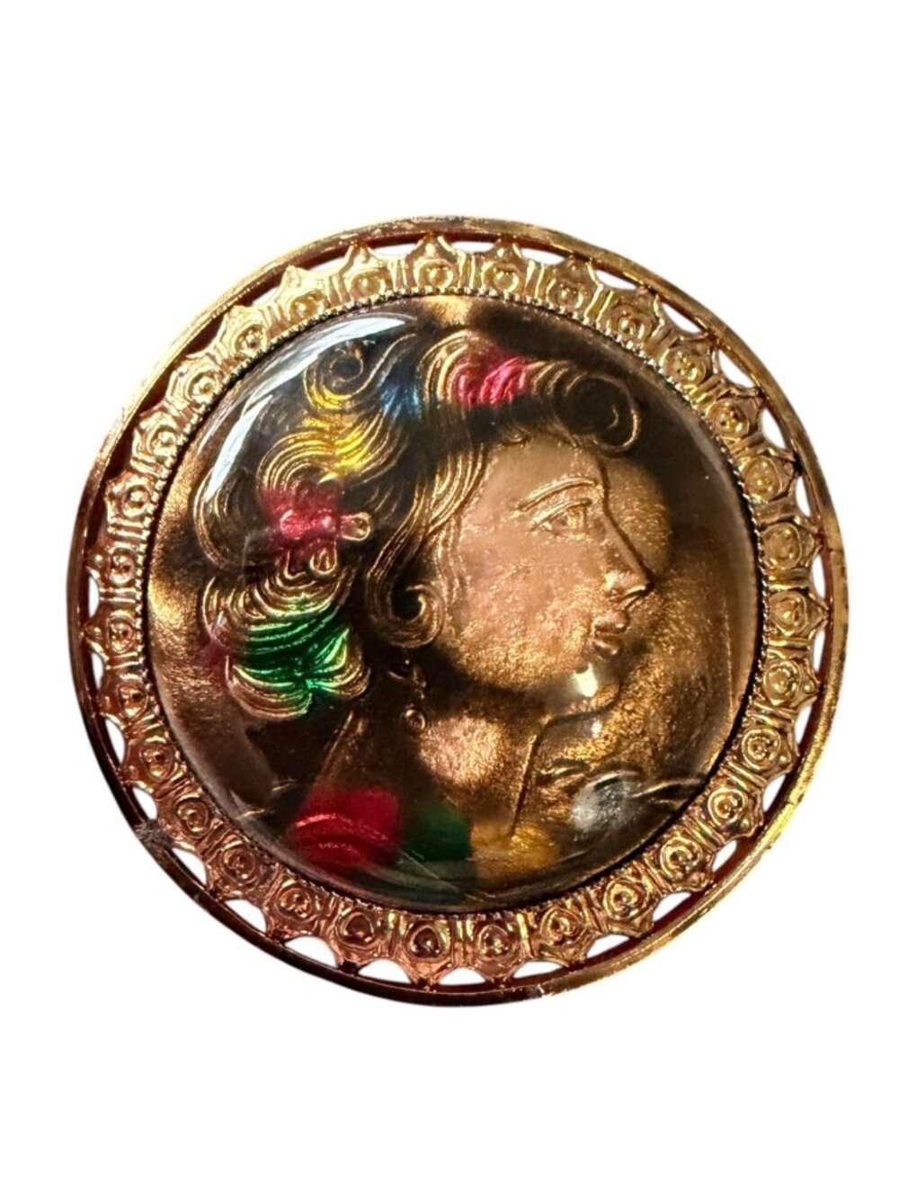 Vintage 1950s Reverse Carved Lucite Renaissance Lady Brooch New Old Stock